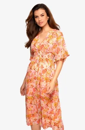 Freebird Dames Jurk Mae Midi Flower Pink