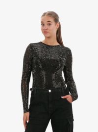 Hidden Hills Dames Top Rhinestone Mesh Bodysuit Zwart